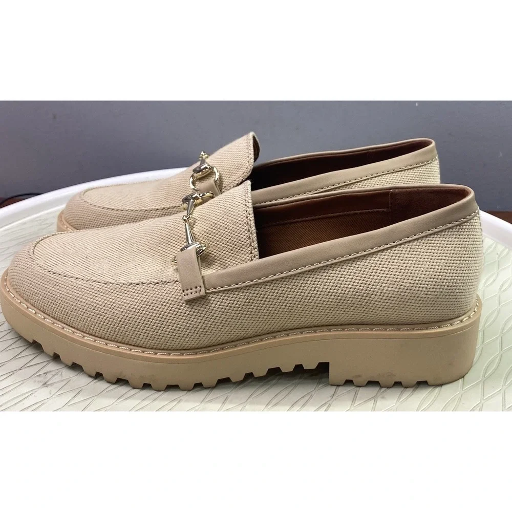 Franco Sarto Cason Women Loafers Natural Tan Canvas Slip On Shoes Horsebit 7.5 M